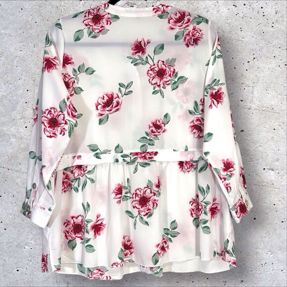 Calessa Tunic Top White Pink Floral Frenzy 2X Roll Tab Sleeves Pockets Button Up - Picture 4 of 9